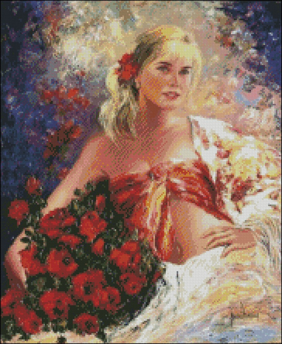 Girl with Red Flowers - Counted Cross Stitch Patterns Embroidery Crafts Needlework DIY Chart DMC Color