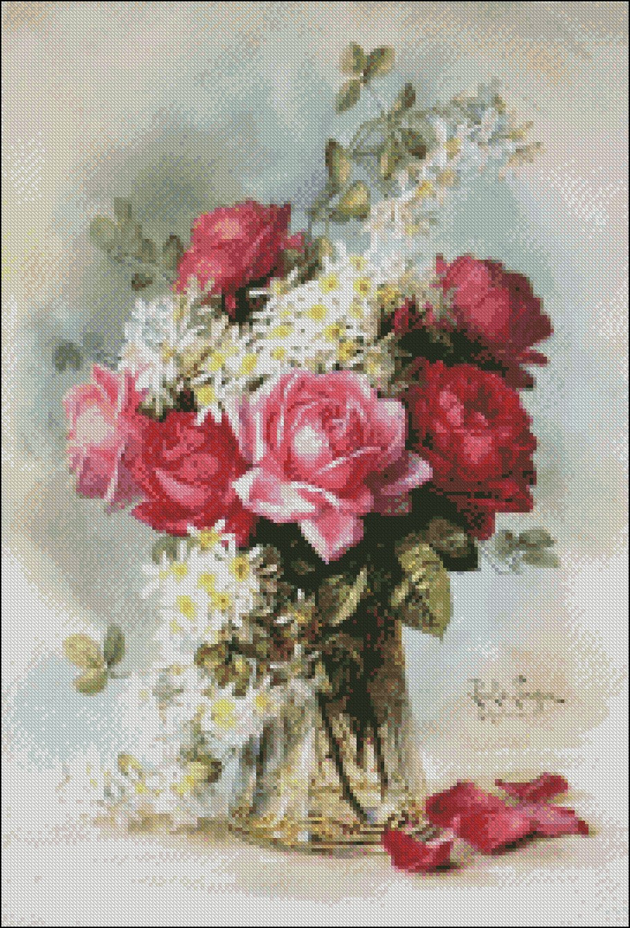 Roses in a Glass Vase 2 - Counted Cross Stitch Patterns Embroidery Crafts Needlework DIY Chart DMC Color