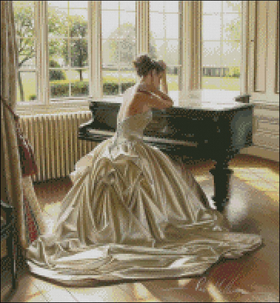 Piano and Gorgeous Dress 3 - Counted Cross Stitch Patterns Embroidery Crafts Needlework DIY Chart DMC Color