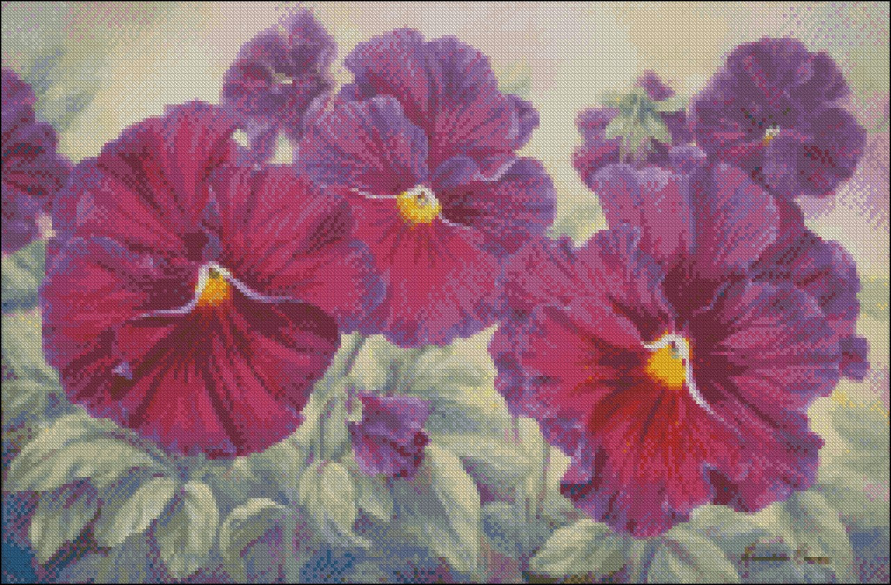 Purple Pansies - Counted Cross Stitch Patterns Embroidery Crafts Needlework DIY Chart DMC Color