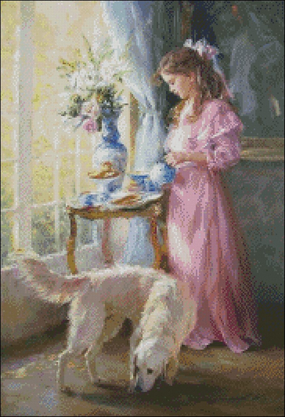 Girl with Dog - Counted Cross Stitch Patterns Embroidery Crafts Needlework DIY Chart DMC Color