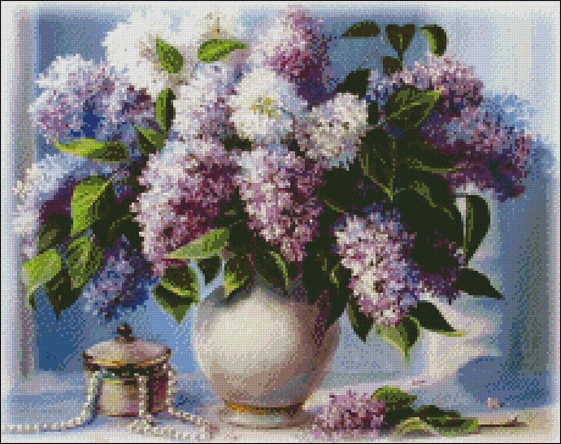 Lilac Vase and Jewelry - Counted Cross Stitch Patterns Embroidery Crafts Needlework DIY Chart DMC Color