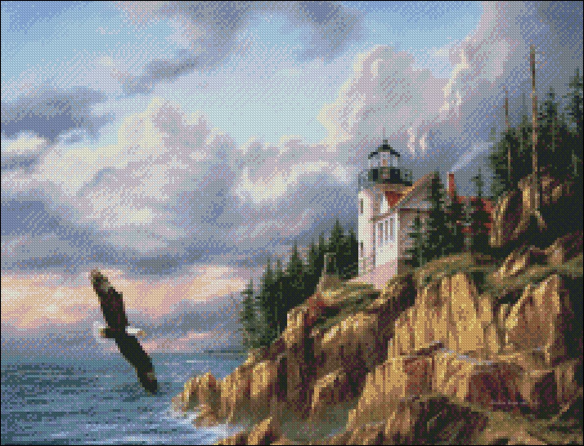 Bass Harbor Head Lighthouse - Counted Cross Stitch Patterns Embroidery Crafts Needlework DIY Chart DMC Color