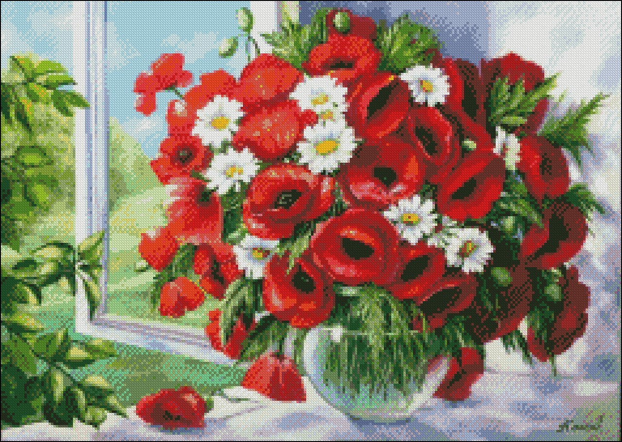 Poppies on Window - Counted Cross Stitch Patterns Embroidery Crafts Needlework DIY Chart DMC Color