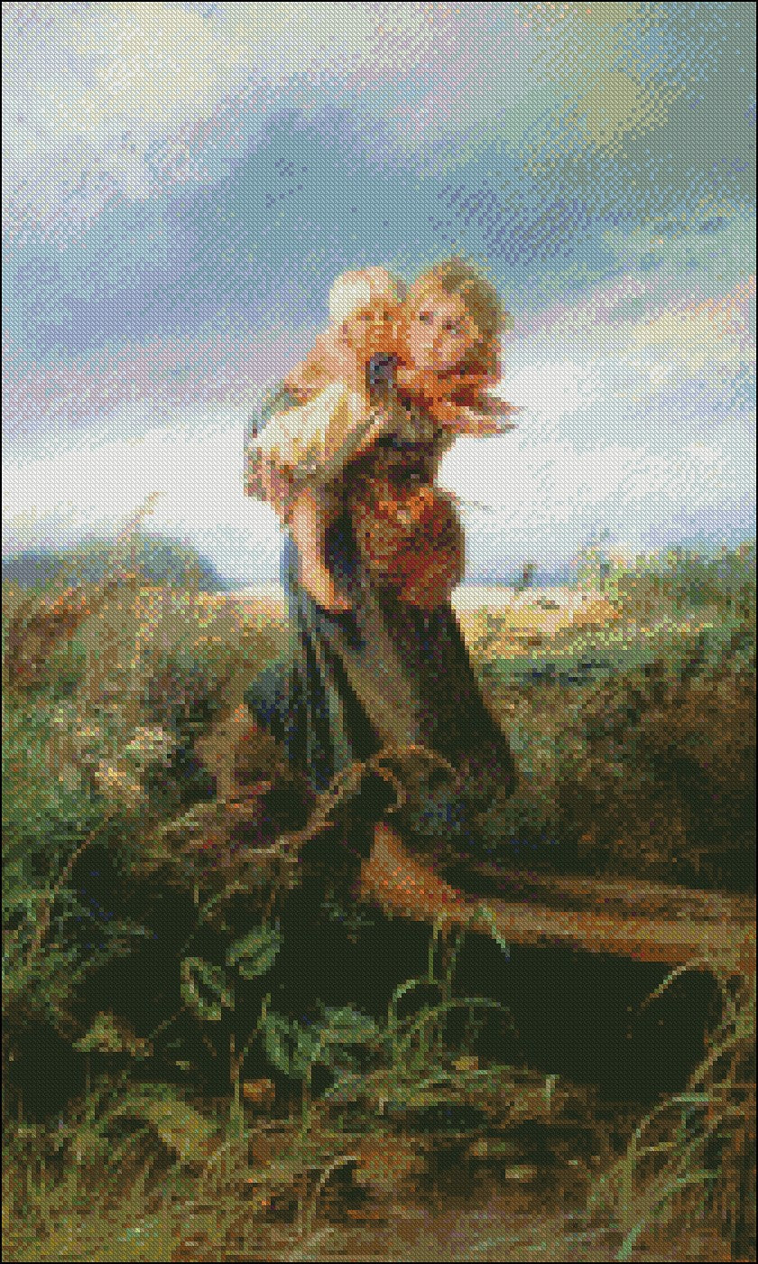 Children Running from the Storm - Counted Cross Stitch Patterns Embroidery Crafts Needlework DIY Chart DMC Color